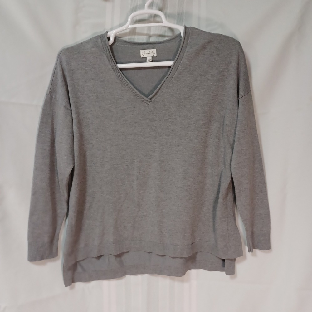 Wonderly‎ Womens V-Neck Sweater Gray Long Sleeve High-Low Hem Size Small